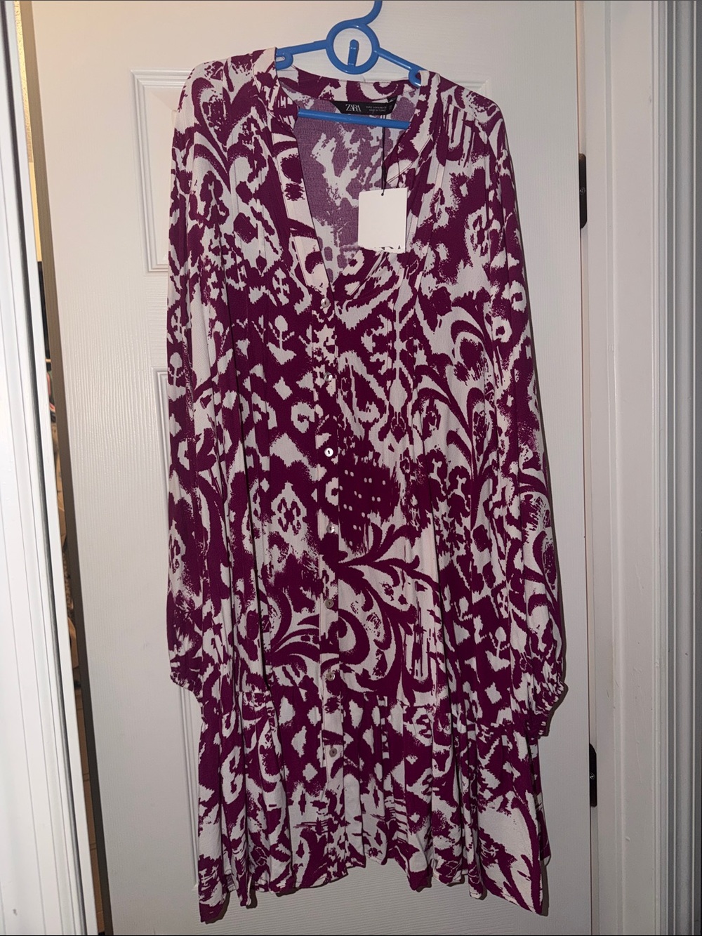 Zara Long Sleeve Printed Dress in Plum and White